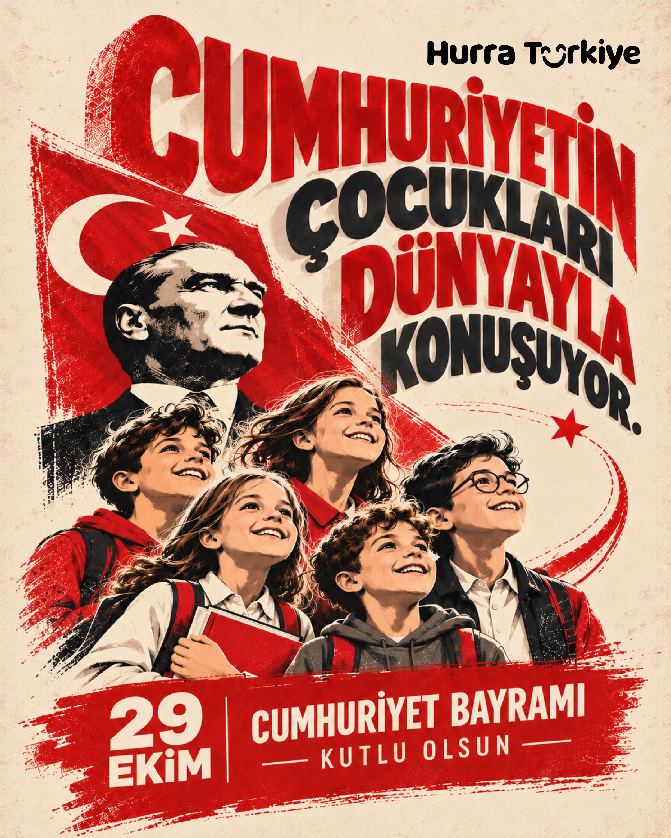 29. Oktober Tag der Republik: Atatürk, türkische Flagge und Kinder